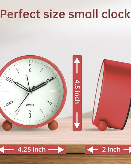 Analog Alarm Clock, 4 inch Super Silent Non Ticking Small Clock with Night Light, Battery Operated, Simple Design, Old Fashioned Style Wine-red Decor, for Bedroom, Bedside, Desk, Adult, Kid, Gift, Red