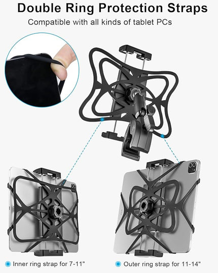Metal iPad Tablet Mount Holder for Boat Helm, Wheelchair Pole, Bike, Motorcycle, Stroller, Fitness bike, Road Mountain Bicycle, Scooter Handlebar Clamp for 4.7-13" iPad Pro, Air, Mini, iPhone, Galaxy