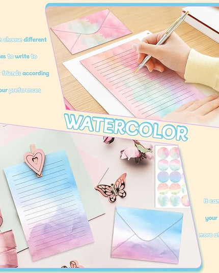 TaoBary 160 Pcs Stationery Paper Set 50 Double Sided Stationery Papers with 50 Matching Envelopes and 60 Round Dot Sticker, 10 Design(Watercolor,5.5 x 8.25 Inch)