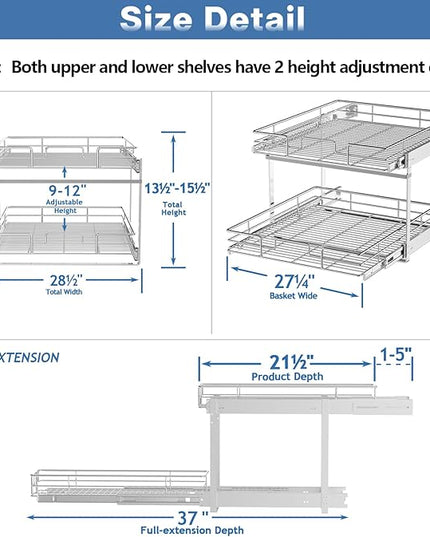 ROOMTEC Individual Pull Out Cabinet Organizer (28½" W x 21½" D), 2 Tier Spice Rack Organizer for Cabinet, Slide Out Drawer Pantry Shelf Organization and Storage for Kitchen Bathroom
