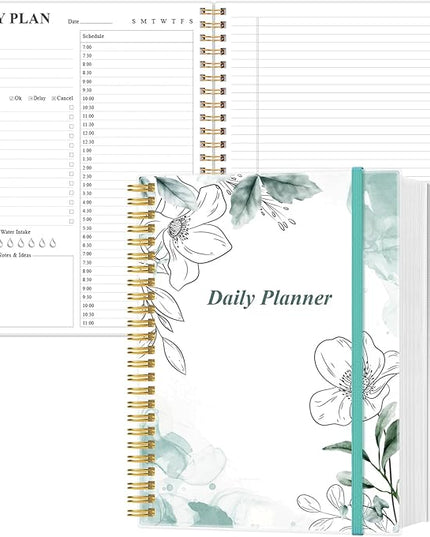 Daily Planner Undated - 8.5" x 11" To Do List Notebook Hourly Schedules, 150 Sheets/300 Pages Spiral Appointment Planner for Women and Men,PVC Hardcover, Inner Pocket, Elastic Closure, Teal Flowers