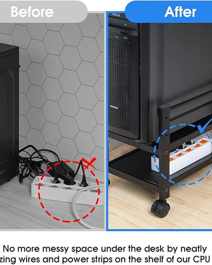 J JACKCUBE DESIGN 2 Tier Computer Tower Stand for Desktop CPU, Gaming PC Holder, Mobile Rolling Cart for Under Desk with Caster Wheels, Office Desk Accessories- MK712A