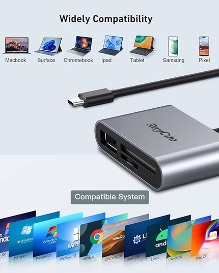 RayCue USB C SD Card Reader Adapter, Type C Micro SD TF Card Reader Adapter, 3 in-1 USB C to USB Camera Memory Card Reader Adapter for iPhone 15,New Pad Pro MacBook Pro/Air, and More UBC C Devices