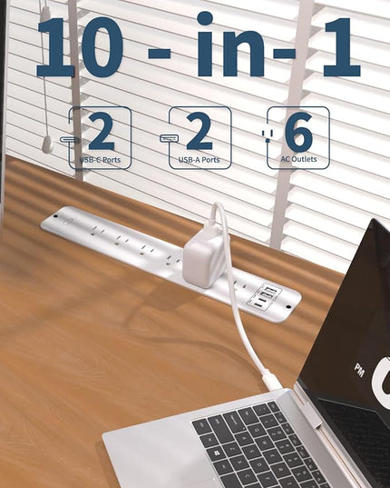 Recessed Power Strip Extension - 10 Outlet Surge Protector with 6 AC - 2 USB-A（18W） and 2 USB-C（PD20W） Ports - Flush Mount Desk Outlet with 6 Feet Cord - for Conference Table (White)