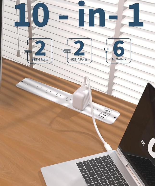 Recessed Power Strip Extension - 10 Outlet Surge Protector with 6 AC - 2 USB-A（18W） and 2 USB-C（PD20W） Ports - Flush Mount Desk Outlet with 6 Feet Cord - for Conference Table (White)