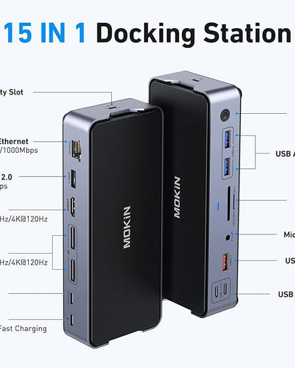8K USB C Laptop Docking Station Dual Monitor,MOKiN Docking Station 3 Monitors with 2*DisplayPort,HDMI,15 in 1 USB C Dock 100W PD,6*USB Ports,Ethernet,SD&TF,for Dell/HP/MacBook (Include Power Adapter)