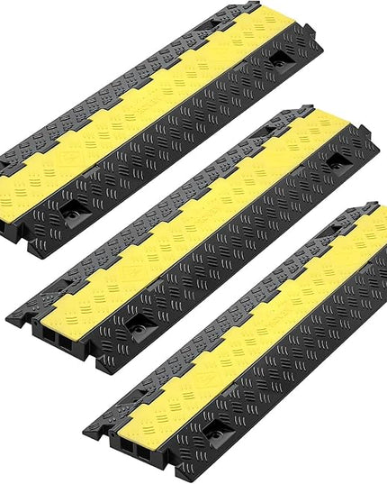VEVOR 3 PCs Rubber Cable Protector Ramp, 2 Channel Heavy Duty TPU Floor Cord Hose Wire Cover, 1.2'' W x 1.1'' H Channel Size, Traffic Speed Bump with Flip-Open Top Cover, for Indoor Outdoor Use