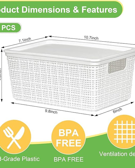 6 Pack Plastic Storage Baskets With Lids,White Breathable Stackable Storage Bins,Small Storage Containers,for Organizing Storage Baskets on Desktops,Closets,Playrooms,Classrooms,Offices