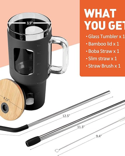 Glass Tumbler with Straw and Lid, 40 oz glass cup with handle, Glass Water Bottles with Time Marker, Silicone Protective Sleeve-Black