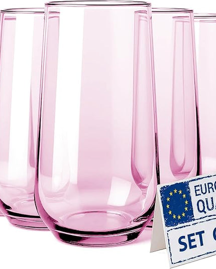 Pink Drinking Glasses Set of 6 | 16 oz Pink Glass Cups for Cocktails, Barware, Juice, Ice Tea, Water, Tumblers & Highball | Elegant Drinkware for Parties and Everyday Use