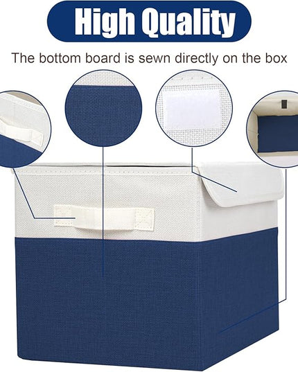 Large 22 Quart Linen Fabric Foldable Storage Bin Cube Organizer Basket with Flip-Top Lid & Handles, Clothes Blanket Box for Home, Office, Closet, Navy Blue & White, 4 Pack 14.6 x 9.5 x 9.5