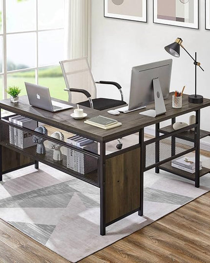 FATORRI L Shaped Desk, Industrial Reversible Home Office Computer Desk with Wood Shelves, Corner Desks with Metal Legs (Walnut Brown, 59 Inch)