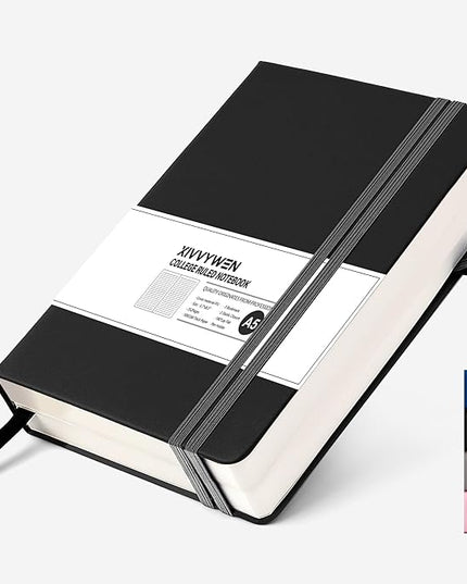 Lined Journal Notebook for Women Men, 352 Pages A5(5.7" x 8.3")College Ruled Hardcover Leather Journals for Writing, Daily Journal Notebooks for Work, Note Taking, Travel, School, Business (Black)