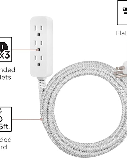 Cordinate 3-Outlet Power Strip Extension Cord with Multiple Outlets 15 Ft Indoor Braided Grounded Flat Plug Extension Cord ETL Listed White 50011