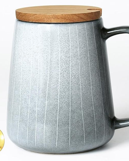 HYTYSKAR 24 OZ Extra Large Ceramic Coffee Mug, with Spoon and Wooden Lid, Big Tea Cups with a Large Handle for Office and Home, Microwave and Dishwasher Safe (24 oz Grey Set)