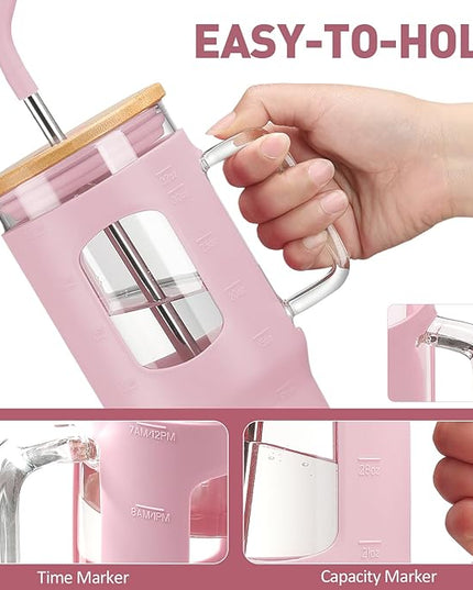 Glass Tumbler with Straw and Lid, 32 oz Glass Cup with Handle, Glass Water Bottles with Time Marker, 2 Straws - Pearl Straw & Drinking Straw Silicone Protective Sleeve-Pink