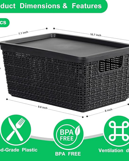 6 Pack Plastic Storage Baskets With Lids,Black Breathable Stackable Storage Bins,Small Storage Containers,for Organizing Storage Baskets on Desktops,Closets,Playrooms,Classrooms,Offices