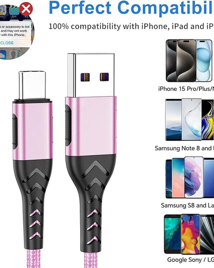 Durcord USB C Cable,2Pack 6ft Fast USB Type C Charging Cable for Android/Phone/Pad/Laptop, Type C Charger Braided USB Cable Compatible with iPhone 15 Pro/Plus/Max/Android/Phone/Pad Rose Gold