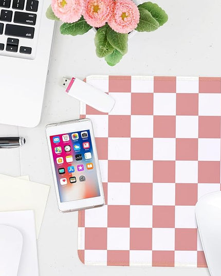 Pink and White Checkered Square Mouse Pad,Non-Slip Rubber Base Mouse Pad,Home Office Decoration Desktop Accessory,Laptop Mouse Pad for Office Laptops,9.4x7.8x0.12inch.