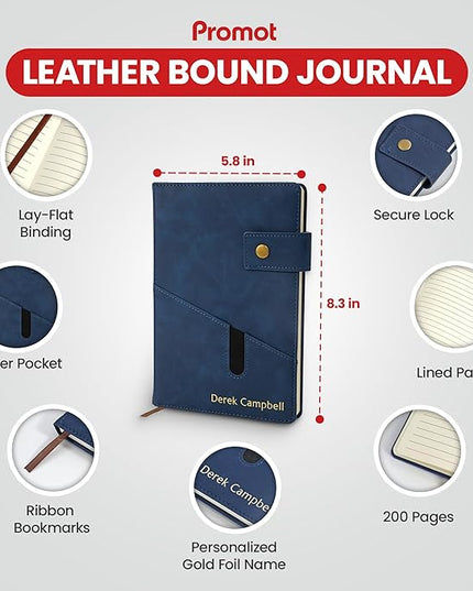 Promot Personalized Notebook - A5 Lined Leather Bound Journal for Writing Women Men - Hardcover Executive Notebook, Daily Journal, Travel Diary, Gift Idea, Custom Embossed Text with Gold Metallic Foil
