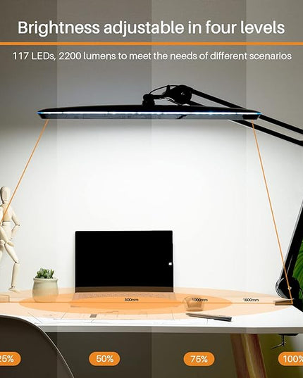 Task Lamp with Clamp, Bright 117PCS LEDs, Metal Swing Arm 24W 2200 Lumen Dimmable Led Desk Lamp for Architect Home Office Study Reading Dorm Workbench Craft, 23 Inch Working Lamp(Black)