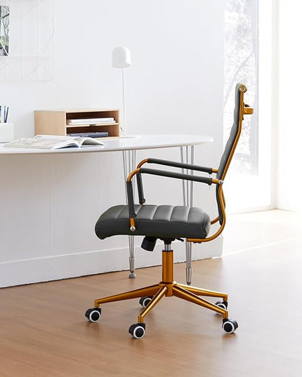 Livinia Modern Executive Office Desk Chair, Chrome & Leather Conference Room Swivel Chairs with Ribbed High Back, Adjustable Height, Removable Armrest, and Wheels for Home Office (Black(Gold))
