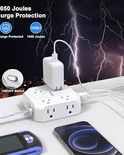 Surge Protector Flat Plug Power Strip, 10Ft Extension Cord with Multiple Outlets, 8 Outlet Splitter with 4 USB(2 USB C) Ports, Desk Charging Station for Home, Office, College, Dorm Room Essentials