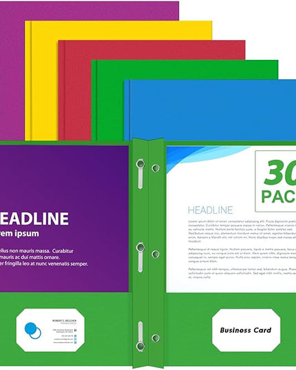 Two Pocket Folders, PANDRI 30 Pack Two Pocket Folders with Prongs, Designed for Office and Classroom, Assorted 5 Colors 2 Pocket 3 Prong Folders