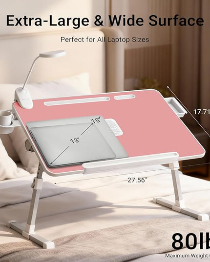 iXTRA Laptop Lap Desk with Cooling Fan - Adjustable Bed Desk with Light, Bed Table with Cup Holder&Phone Holder - Storage Drawer Desk - Folding Bed Desk,Pink,70x45cm