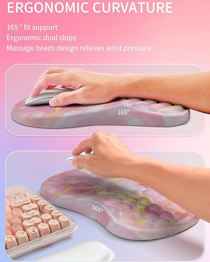 Hokafenle 2in1 Combination, Wave Keyboard Wrist Rest and Ergonomic Curvature Mouse Pad Wrist Support for Relieve Wrist Pain, Filled with Soft Cushion Memory Foam, Golden Pink Marble