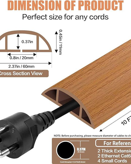 Floor Cord Cover Cavity 0.8"x0.37" Self Adhesive Cord Hider, 10FT Low Profile Cable Management, Extension Strip Protector for Wires, Prevent Cable Trips for Offices, Gyms, Exhibitions (Brown Wood)