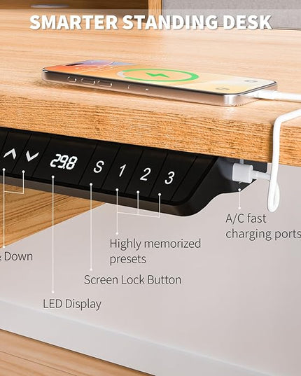 48 * 30 Inches Electric Standing Widened Desk Adjustable Height with 4 Drawers, Double Storage Shelves, Home Office Workstation Sit Stand up Desk (Nature)