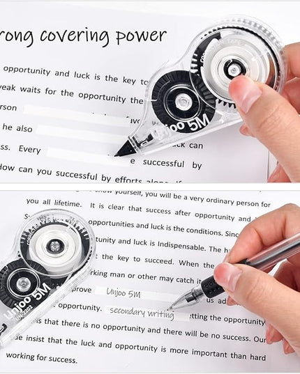 Unjoo White Correction Tape, Easy To Use Applicator for Instant Corrections Wrong Writing At Any Time, For school, Office (12pack, 5M/196" x 0.2", Black)