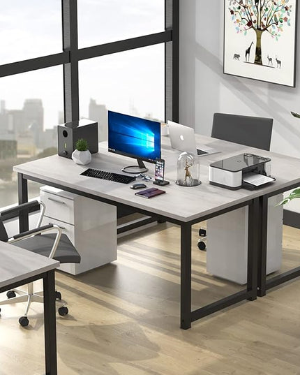 NSdirect 63" Large Computer Desk,Modern Simple Style PC Table Office Desk Wide Workstation for Study Writing,Gaming and Home Office,Extra 1" Thicker Wooden Tabletop and Black Metal Frame,White+Black