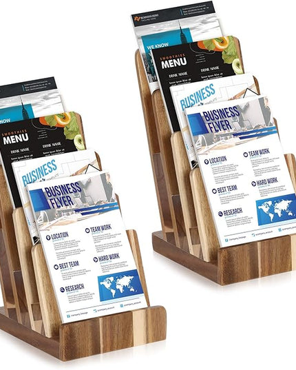 2 Pack 4 Tier Acacia Wood Brochure Holder Stand 6 x 9 inchLiterature Holder Flyer holder for 5.5 x 8.5 inch 5 x 7 inch Booklets Pamphlets Menus Magazines Multi Purpose Organizer
