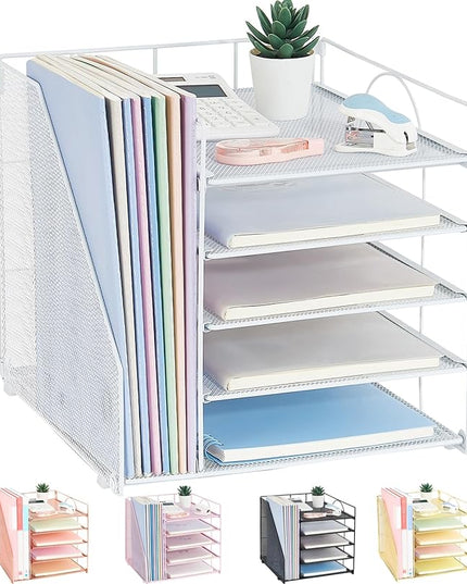 LEKETREE Desk Organizers and Accessories, 5-Tier Paper Letter Tray Organizer with File Holder, Desktop Organizer for Office Supplies (White)