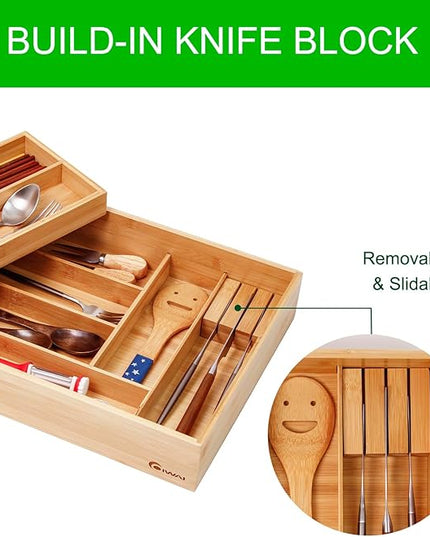 Double Layer Bamboo Kitchen Drawer Organizer Cutlery Utensil Silverware Drawer Organizer, Silverware Tray for Drawer Removable Utensil Holder Flatware Organizer Multi-use Storage Box (L)