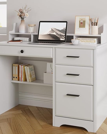 4 EVER WINNER White Desk with Drawers, Small Desk with File Drawer for Small Spaces, Writing Desk with Monitor Stand Wood Table for Study Home Office, White