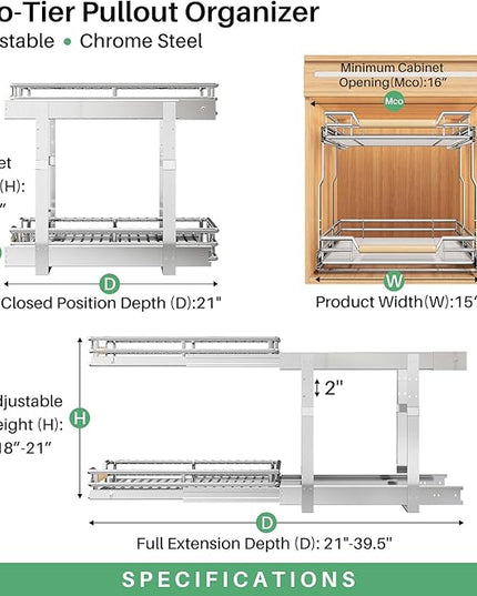 Pull out Cabinet Organizer, 2 Tiers 15"W X 21"D, Heavy Duty Smooth Sliding Under Cabinet Shelves for Pots and Pans, Full-Extension Roll out Drawers, Slide out Organization for Home Kitchen Pantry