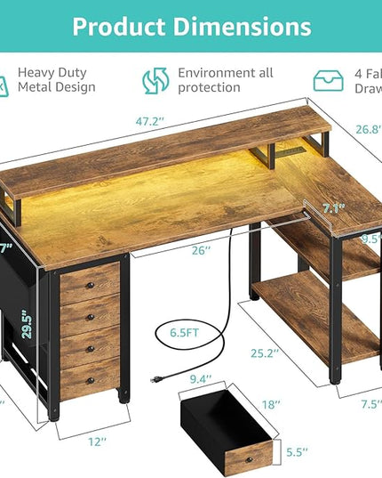 Lufeiya L Shaped Gaming Desk with Led Lights and Power Outlets, 47 Inch Corner Home Office Desk with Monitor Stand Shelves, Writing Study Computer Desks with Fabric Drawers for Bedroom, Rustic Brown