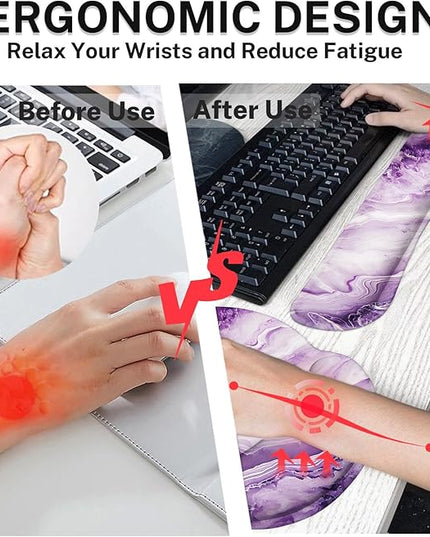 Britimes Purple Marble Gold Ergonomic Mouse Pad Set with Wrist Rest Non-Slip Rubber Base Wrist Cushion Support and Coasters Mousepad with Wrist Support for Computer Keyboard and Desk