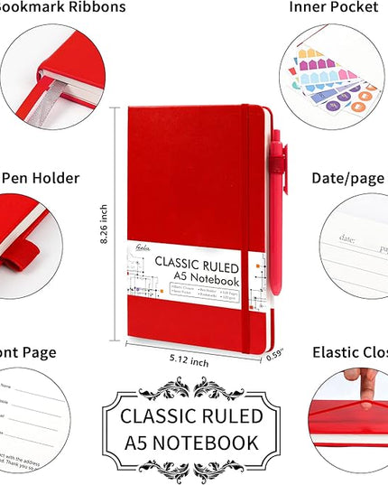 feela 12 Pack Notebooks Journals Bulk with 12 Black Pens, A5 Hardcover Notebook Classic Ruled Journal Set with Pen Holder for School Business Work Travel Writing, 120 GSM, 5.1”x8.3”, Red