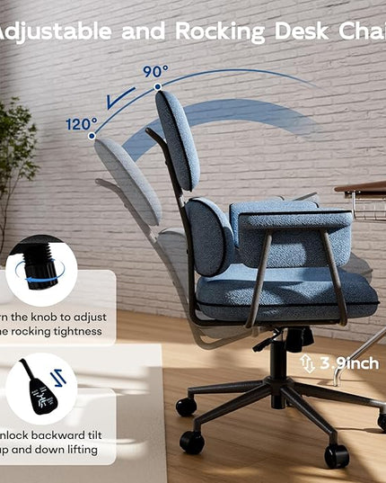 Blue Desk Chair with Wheels and Wide Arms, Soft Granular Linen Fabric Office Chair, Mid Back Vintage Comfy Home Office Desk Chairs with Memory Foam Seat Cushion, Adjustable Height