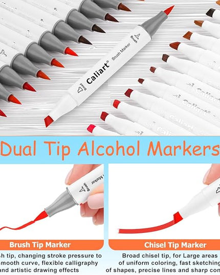 Caliart 101 Colors Alcohol Markers Brush Tip & Chisel, Dual Tip Art Markers Set for Adults Coloring Book Artists Sketch Illustration, with Case Permanent Colored Pen Art Supplies Drawing Gifts