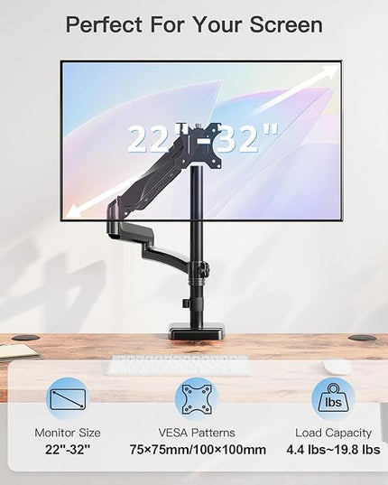 MOUNTUP 27 inch Extra Long Monitor Arm, Single Desk Mount for 22-32 inch, Tall Monitor Stand Holds 4.4-19.8lbs, Height Adjustable Monitors Stand for Desk with C-Clamp/Grommet Base, Black