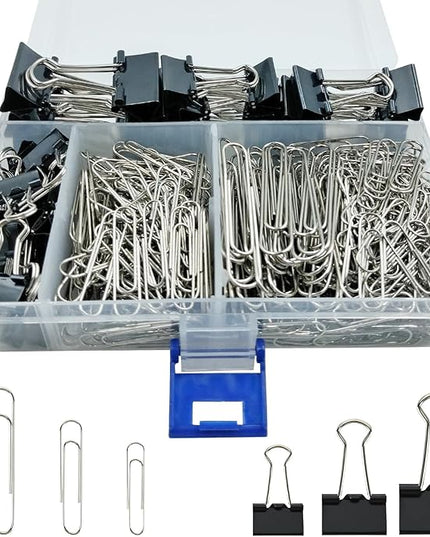 340 PCS Paper Clips and Binder Clips Assorted Sizes, Large Medium Small Silver Paperclips&Black Binder Clip Set for Home&School&Office Document Organizing,Supplies Desk Essentials in Container