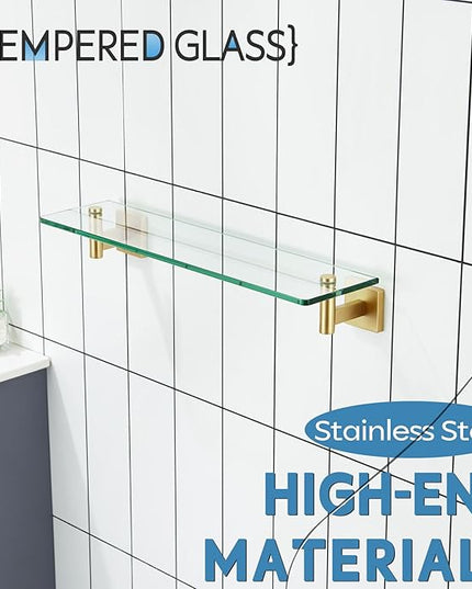KOKOSIRI Wall Shelves Floating Shelf 20-Inch Stainless Steel Bathroom Hardware Tempered Glass Kitchen Hanging for Storage/Room Decor Gold B1105BG-L20