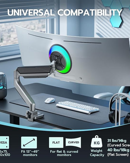 ARES WING Ultrawide Monitor Arm, Heavy Duty Single Monitor Mount for 13"-49" Curved Screens, Adjustable Stand for Desk with C-clamp & Grommet Base up to 40 LBS, Gray