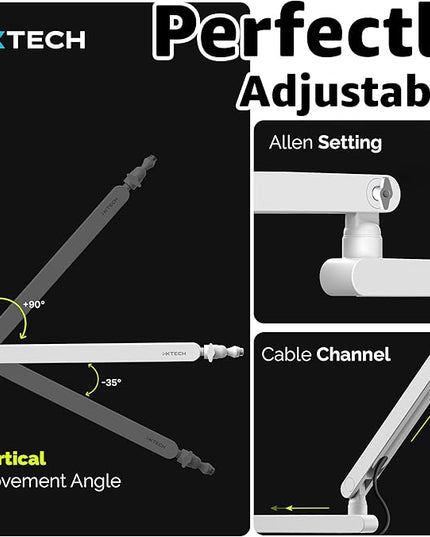 IXTECH White Microphone Boom Arm Stand Low Profile Boom Arm Adjustable Mic Stand with Built In Cable Management 360° Swivel Mic Arm.