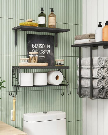 Fixwal Bathroom Floating Shelves Over Toilet Wall Shelves Set with Towel Storage Rack for Bathroom Organization & Wall Decor(Black)